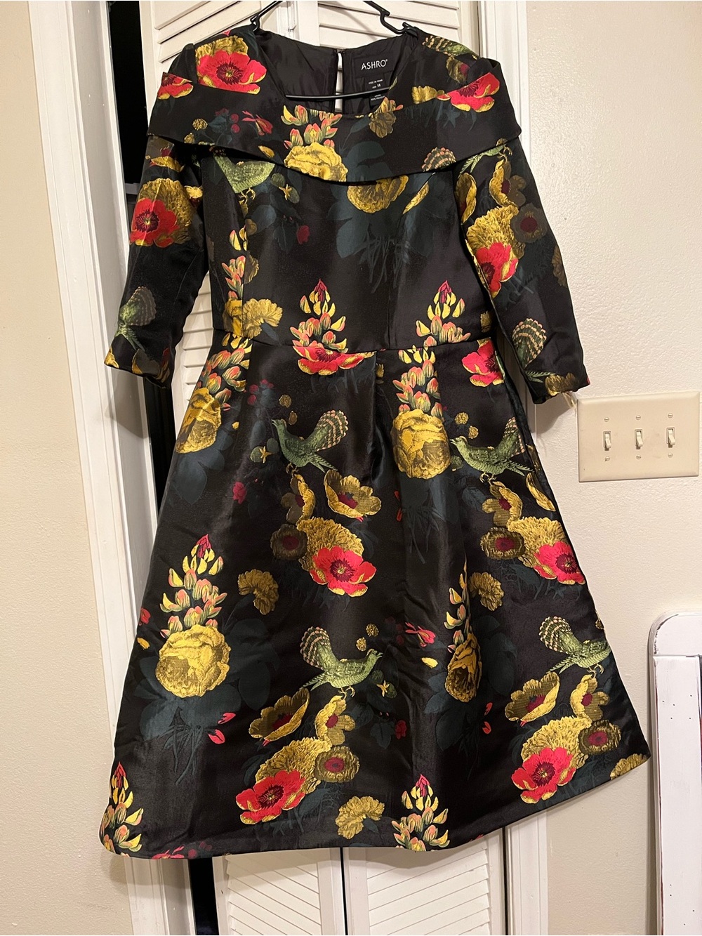 Ashro Black Floral Jacquard Fit-and-Flare Dress with Yellow and Red Accents